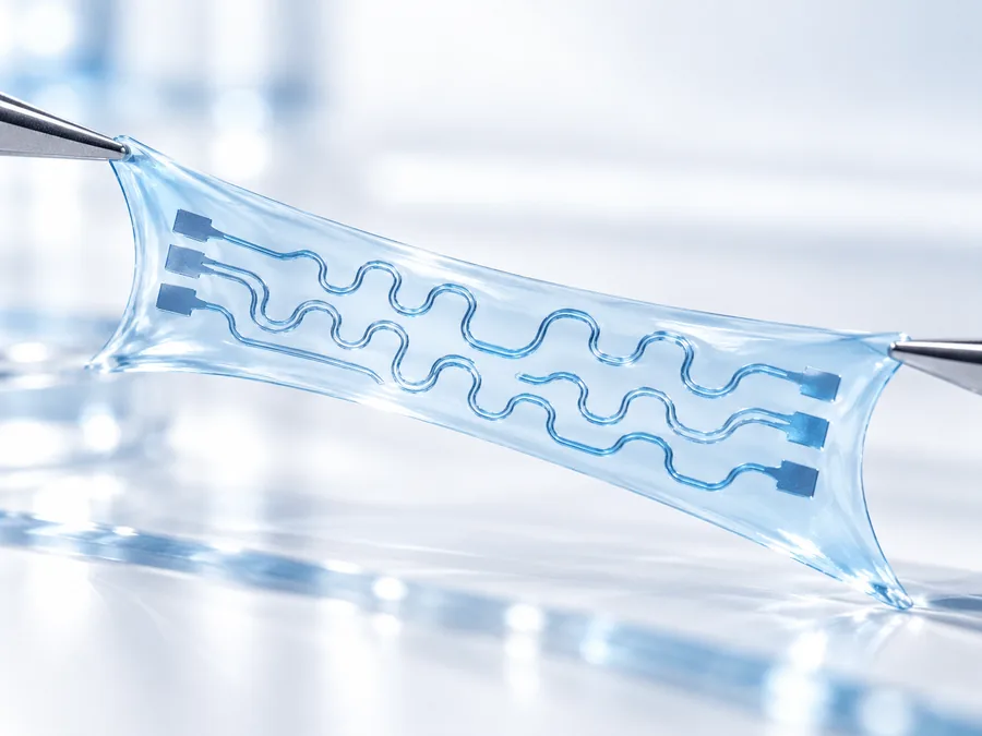 Serpentine electrode pattern on a clear stretchable sheet pulled at both ends with tweezers